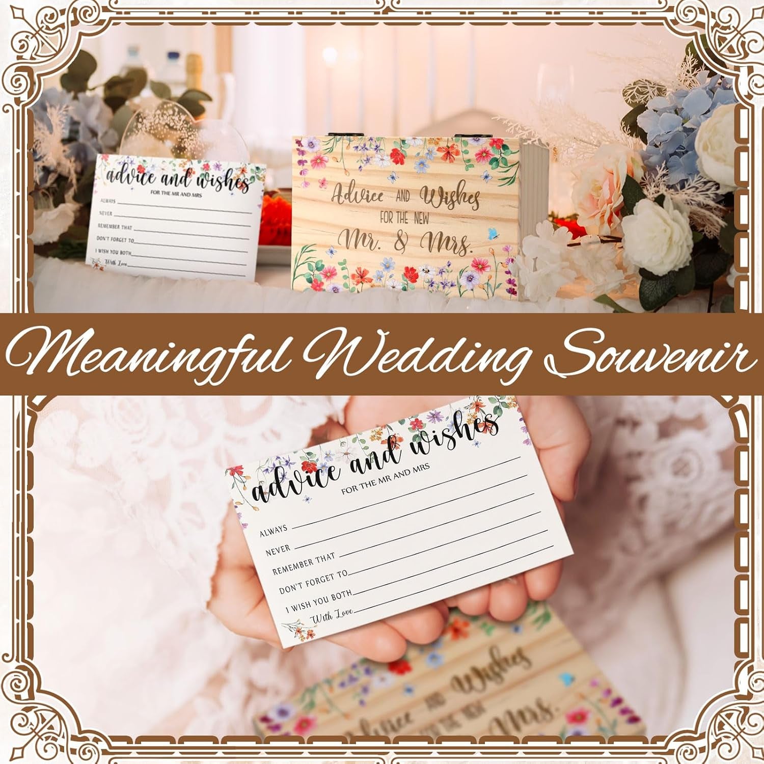 60 Pcs Bridal Shower Wedding Decorations Wooden Advice and Wishes Cards Box for Bridal Shower Party Favors Graduation Wish Cards Card Box(Wildflower)
