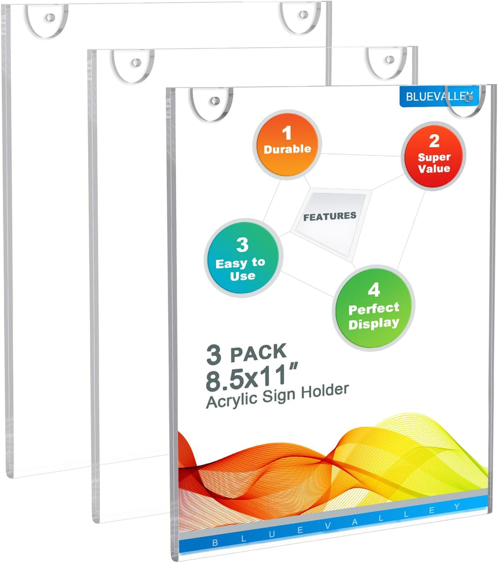3 Pack Acrylic Sign Holder 8.5X11 Wall Mount Portrait – Clear Menu, Flyer & Picture Frame with Screws & Adhesive Tape, Wall Mounted Document Display for Office, School, Restaurant, Hotel, Public Space