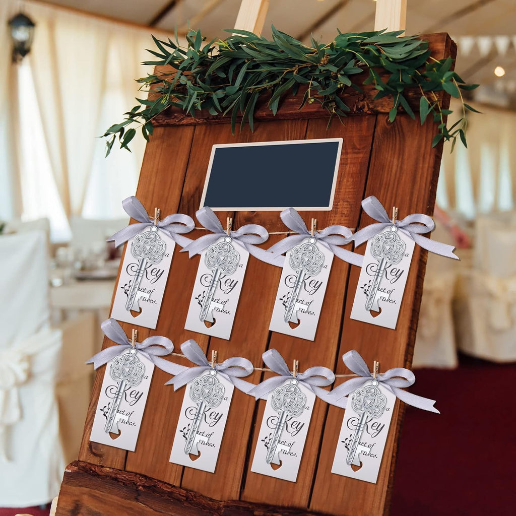 100 Sets Vintage Key Bottle Opener Wedding Favors, Wedding Party Souvenir Gift for Guests with Thank You Tag Card Pillow Candy Box and Satin Ribbon (Silver)