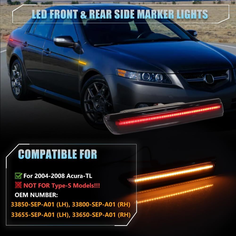 Front & Rear LED Side Marker Lights for Acura TL 2004 2005 2006 2007 2008, Acura Smoked Lens Side Bumper Marker Lights, TL Amber & Red LED Turn Signal Lamps, 4 PCS