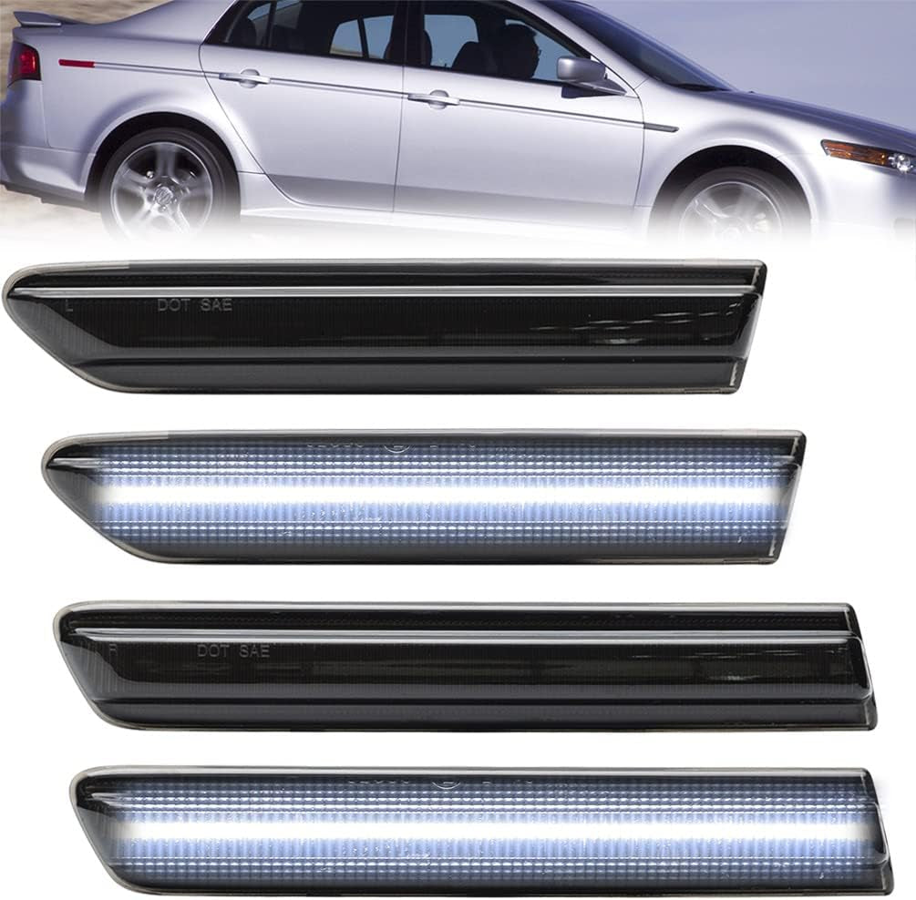 Front Rear LED Side Marker Lights for 2004 2005 2006 2007 2008 Acura TL Smoked Lens Left&Right White LED Sidemarker Turn Signal Light Lamps Parking Light