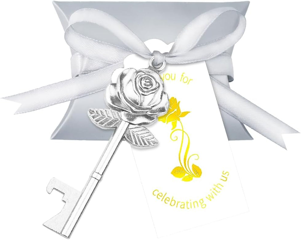 50 Set Rose Key Bottle Openers with Candy Box in Antique Vintage Style Thank You Tags and Ribbons as a Gift Souvenir for Guests at Wedding Party Supplies (Silvery)