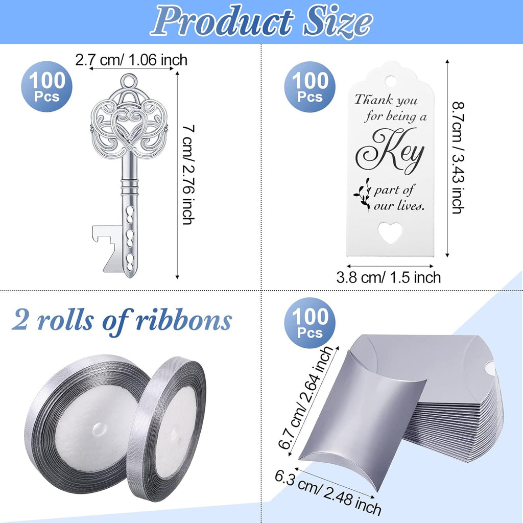 100 Sets Vintage Key Bottle Opener Wedding Favors, Wedding Party Souvenir Gift for Guests with Thank You Tag Card Pillow Candy Box and Satin Ribbon (Silver)