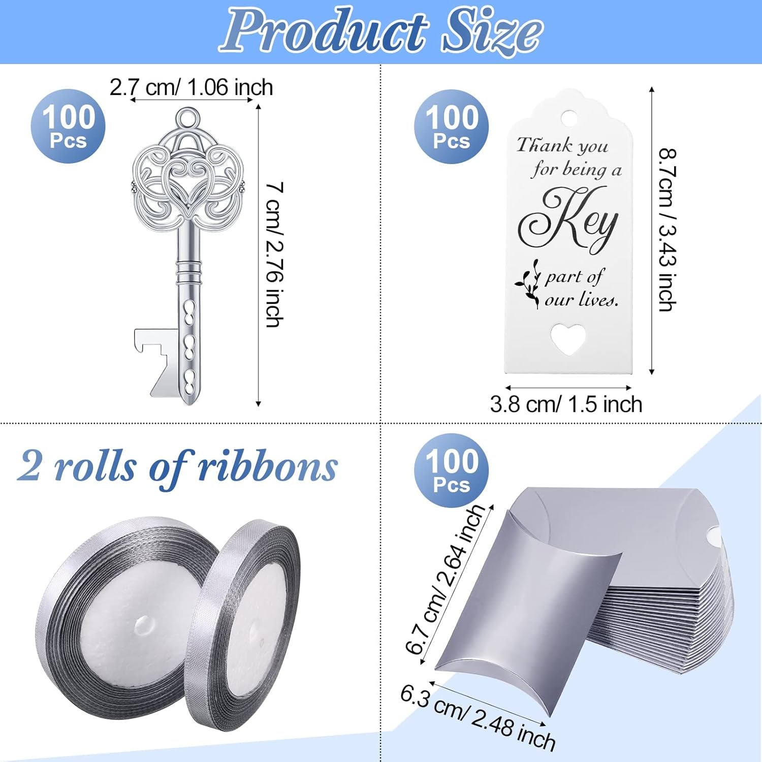 100 Sets Vintage Key Bottle Opener Wedding Favors, Wedding Party Souvenir Gift for Guests with Thank You Tag Card Pillow Candy Box and Satin Ribbon (Silver)