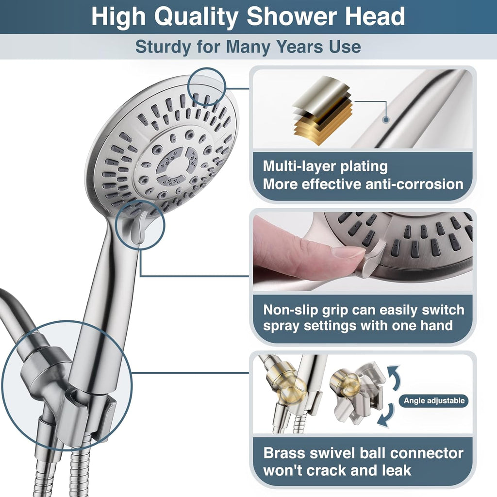 9 Spray Settings Shower Head with Handheld High Pressure Brushed Nickel Hand Held Showerhead with 60 Inch Stainless Steel Hose and Adjustable Overhead Bracket