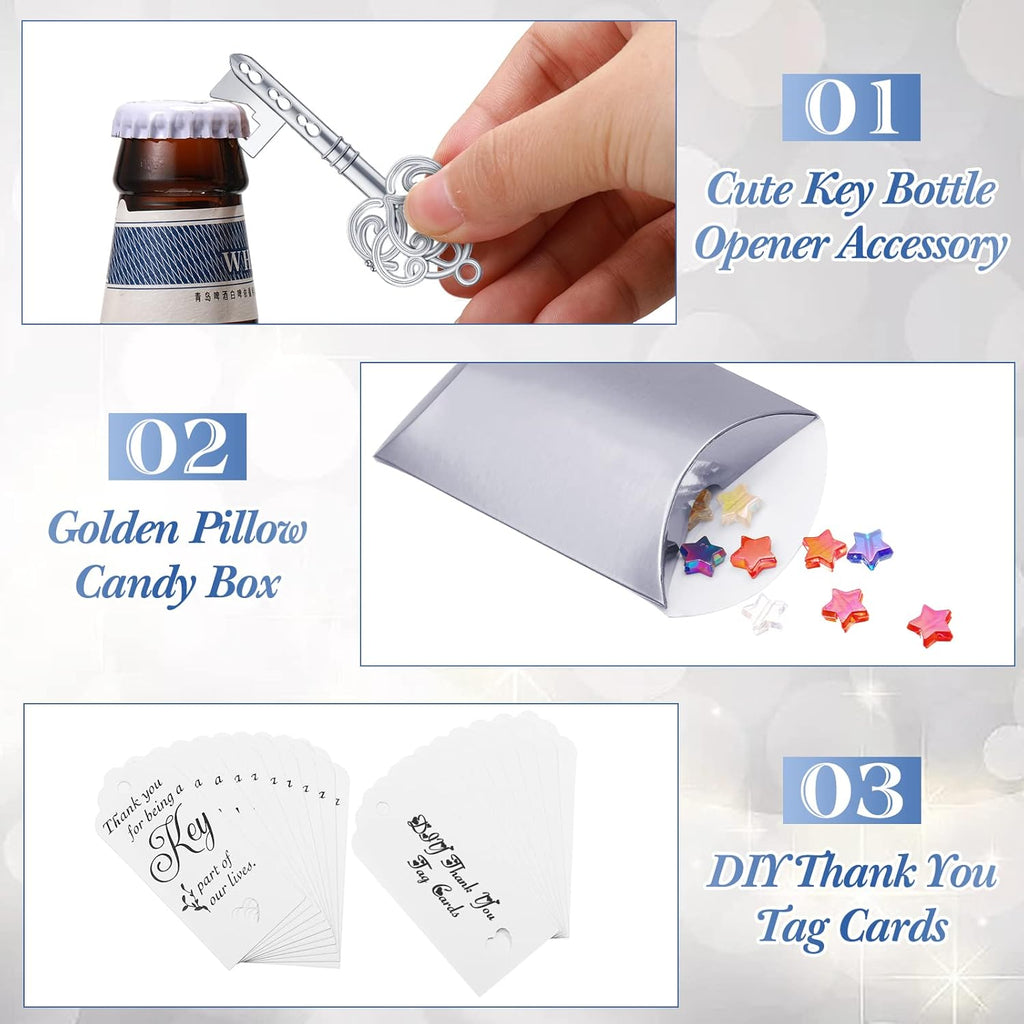 100 Sets Vintage Key Bottle Opener Wedding Favors, Wedding Party Souvenir Gift for Guests with Thank You Tag Card Pillow Candy Box and Satin Ribbon (Silver)