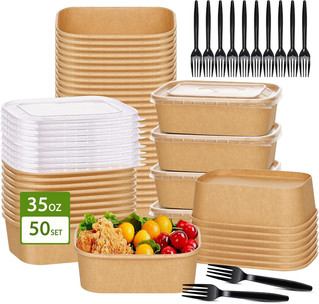 50-Pack 35Oz Disposable Kraft Paper Bowls【With Lids and Forks】, Large Meal Prep Containers to Go Food Prep Containers, Leakproof Paper Bowls Treat Soup Serving Bowl, Microwave Safe for Hot/Cold Food