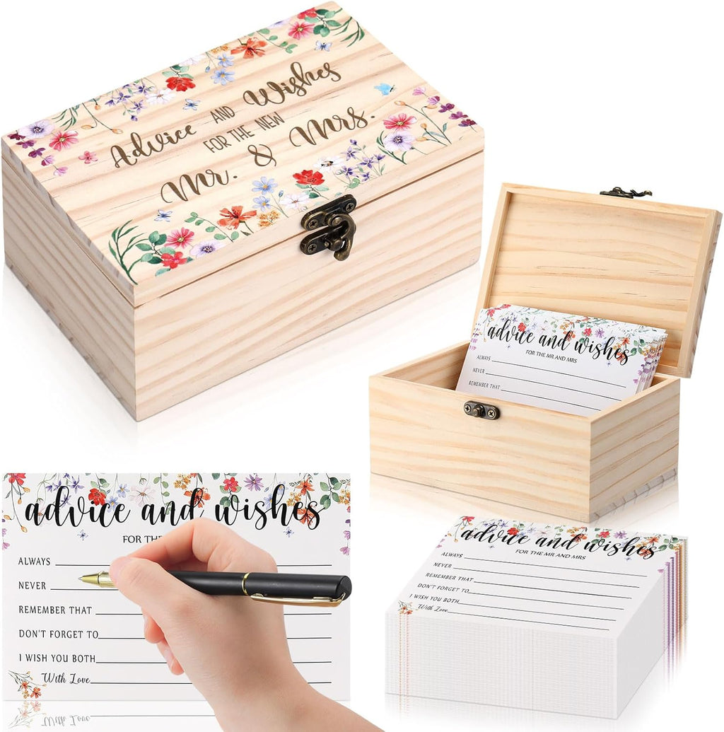 60 Pcs Bridal Shower Wedding Decorations Wooden Advice and Wishes Cards Box for Bridal Shower Party Favors Graduation Wish Cards Card Box(Wildflower)