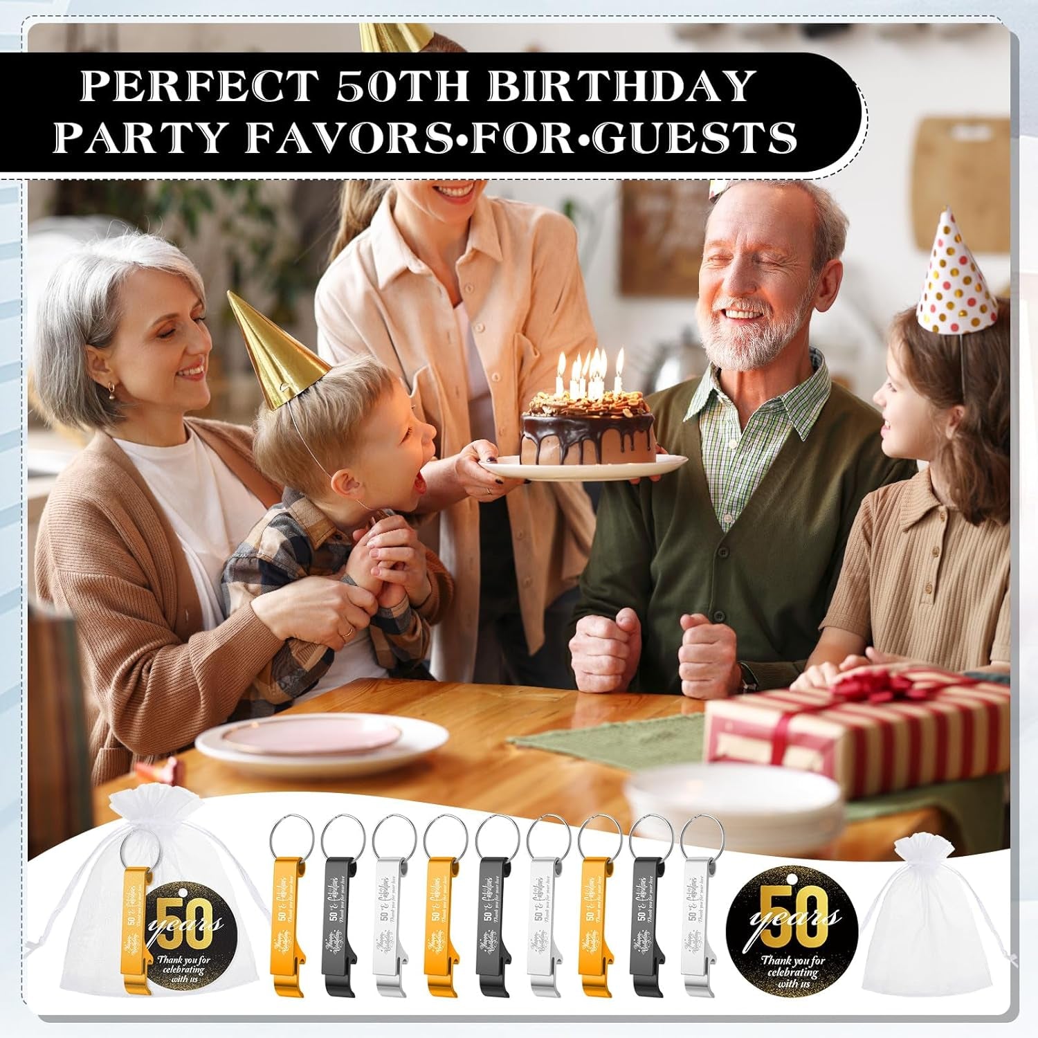 54 Sets 50Th Birthday Party Favors for Guests Birthday Beer Opener Keychain Cheers to 50 Bottle Opener Keychain with Thank You Cards and Gift Bags for Anniversary Wedding Party Favors