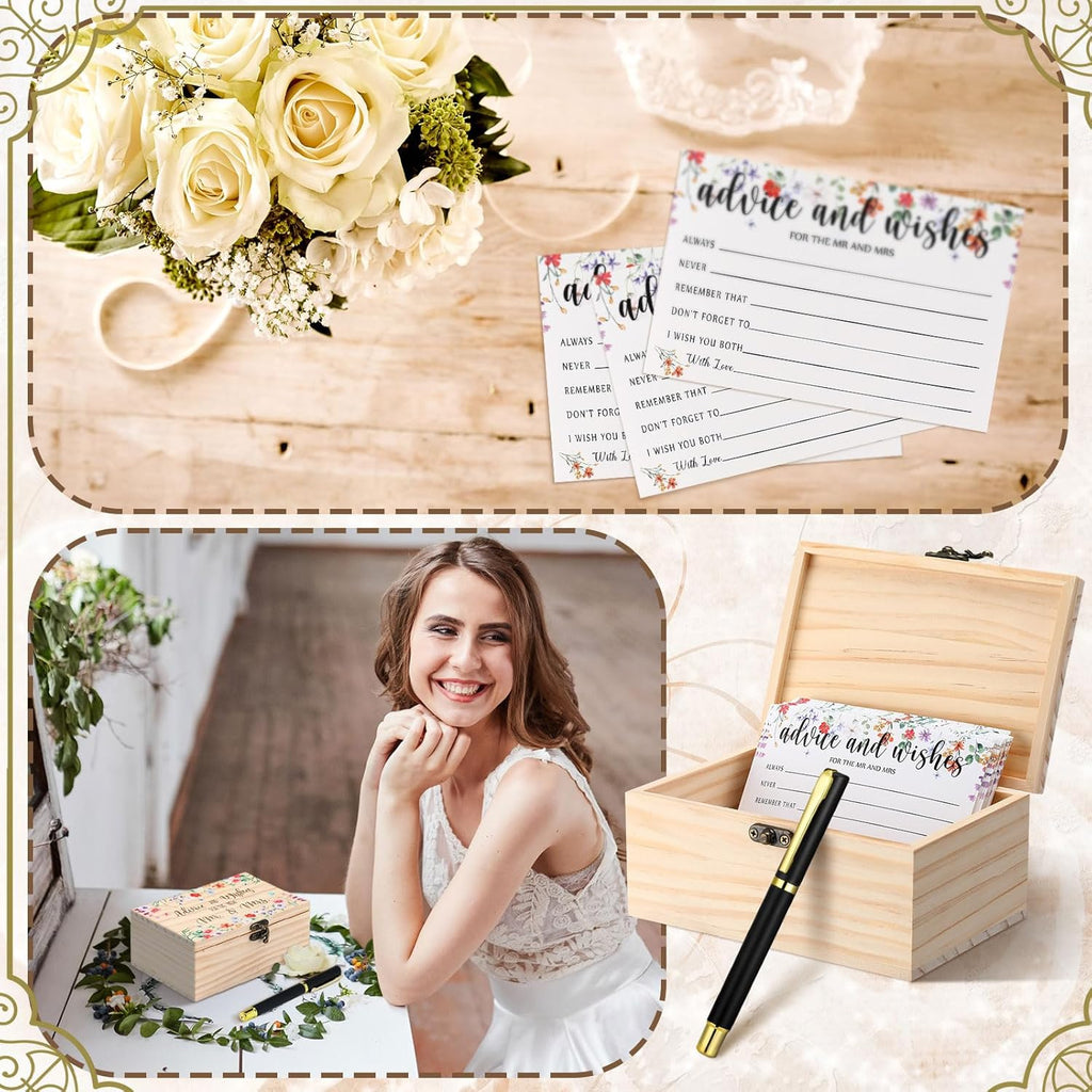 60 Pcs Bridal Shower Wedding Decorations Wooden Advice and Wishes Cards Box for Bridal Shower Party Favors Graduation Wish Cards Card Box(Wildflower)