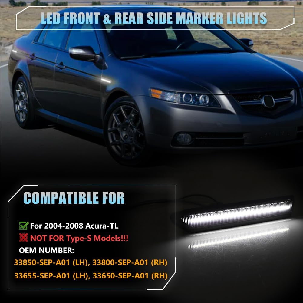 Front & Rear LED Side Marker Lights for Acura TL 2004 2005 2006 2007 2008, Acura Smoked Lens Side Bumper Marker Lights, TL White LED Turn Signal Lamps, 4 PCS