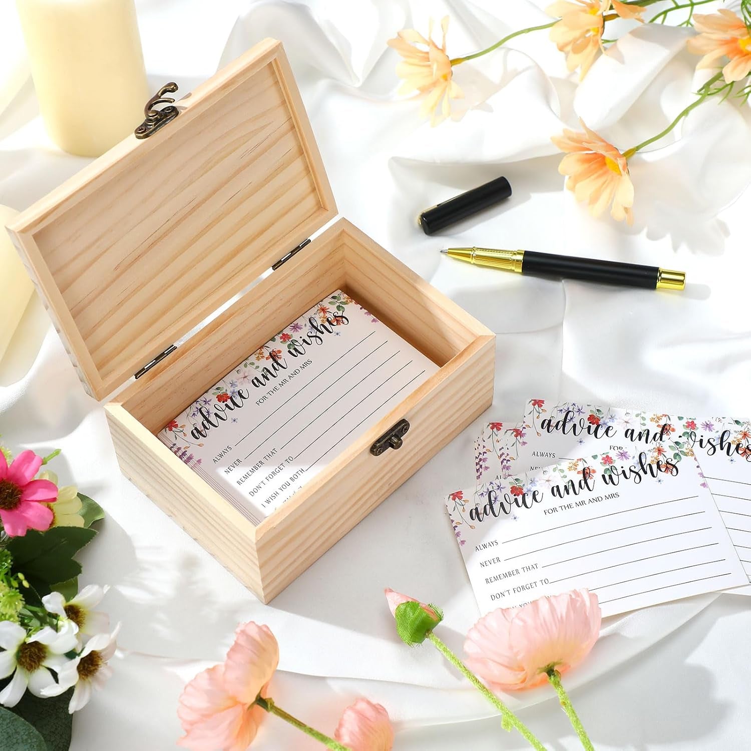 60 Pcs Bridal Shower Wedding Decorations Wooden Advice and Wishes Cards Box for Bridal Shower Party Favors Graduation Wish Cards Card Box(Wildflower)