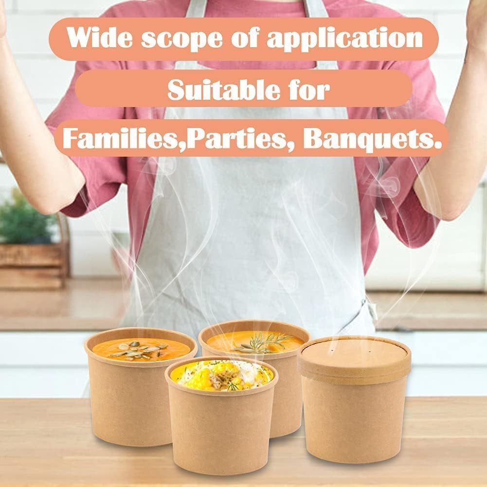 50 Pack 12 Oz Paper Soup Cups with Lids, Disposable Kraft Paper Bowls, to Go Soup Containers, Ice Cream Containers for Dessert Yogurt Ice Cream