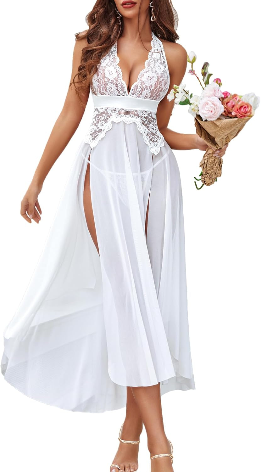 Women Lingerie Deep V Neck Nightwear One Piece Sexy Nightgowns Mosaic Lace Mesh Dress