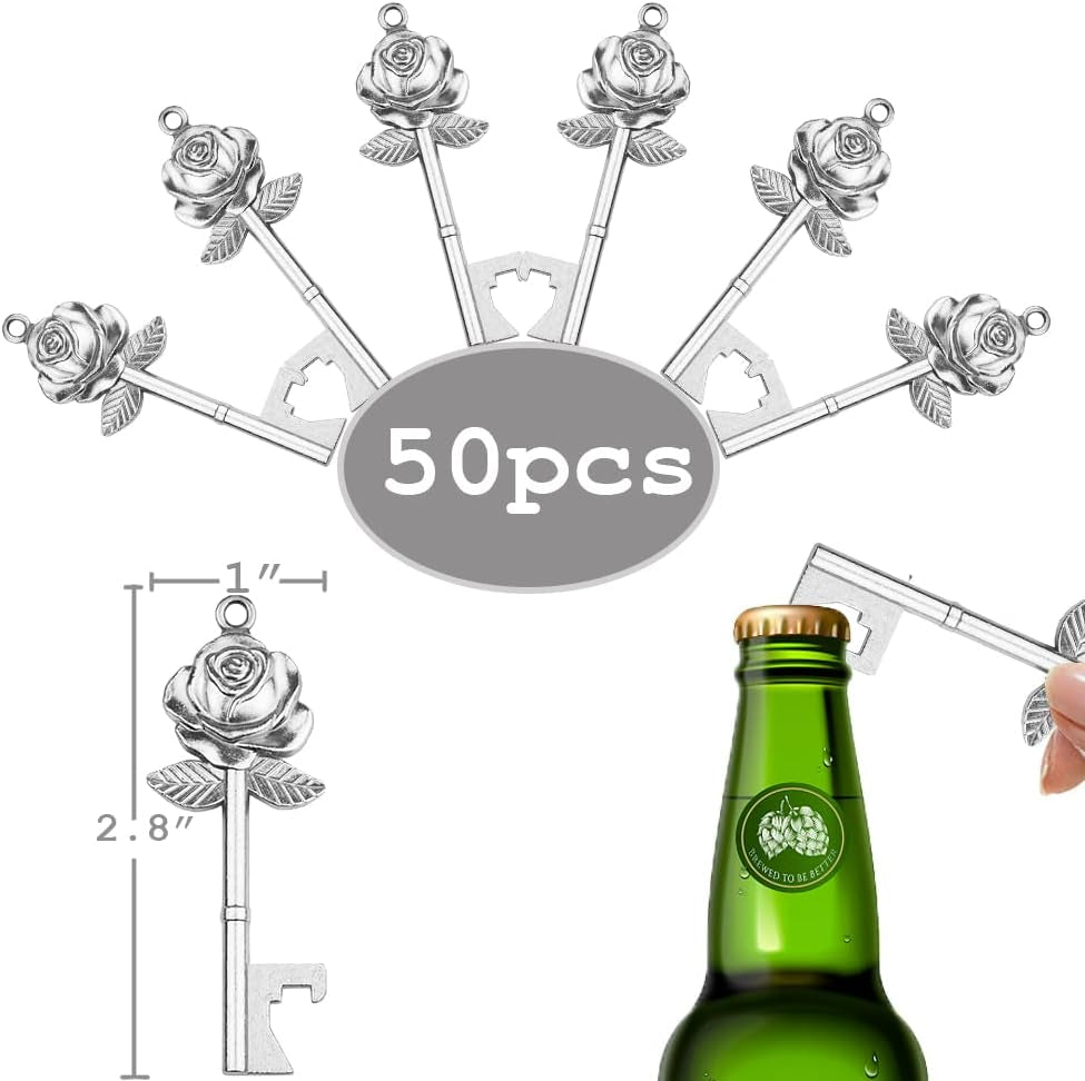 50 Set Rose Key Bottle Openers with Candy Box in Antique Vintage Style Thank You Tags and Ribbons as a Gift Souvenir for Guests at Wedding Party Supplies (Silvery)