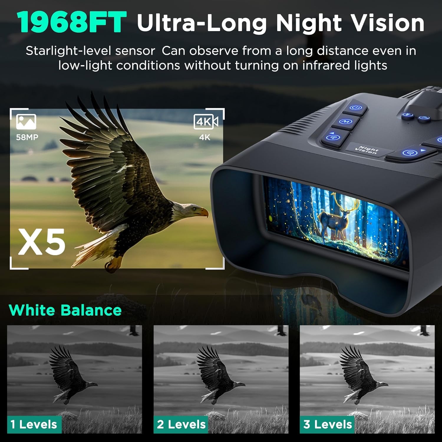 Night Vision Goggles, 58MP Full-Color 4K Night Vision Binoculars with 10000Mah Fast Charging Battery, 64GB Card, 3.99" Screen and 1968FT Viewing Range for Camping Hunting & Security(Black)