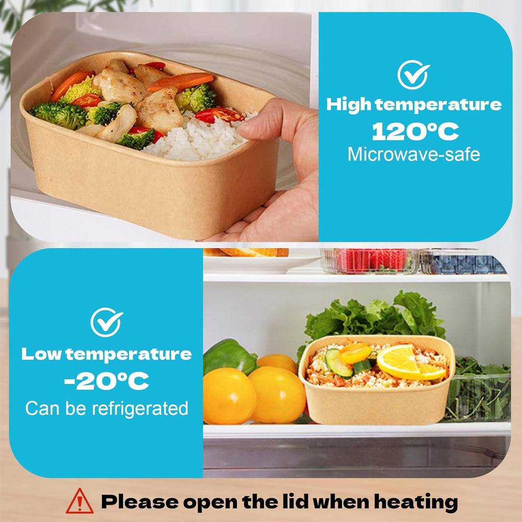 50 Pack 25Oz Disposable Kraft Paper Bowls with Lids, Rectangle Meal Prep Containers Bulk, Large Paper Salad Bowl, Leakproof Food Containers Treat Soup Serving Bowls, Microwave Safe for Hot/Cold Food