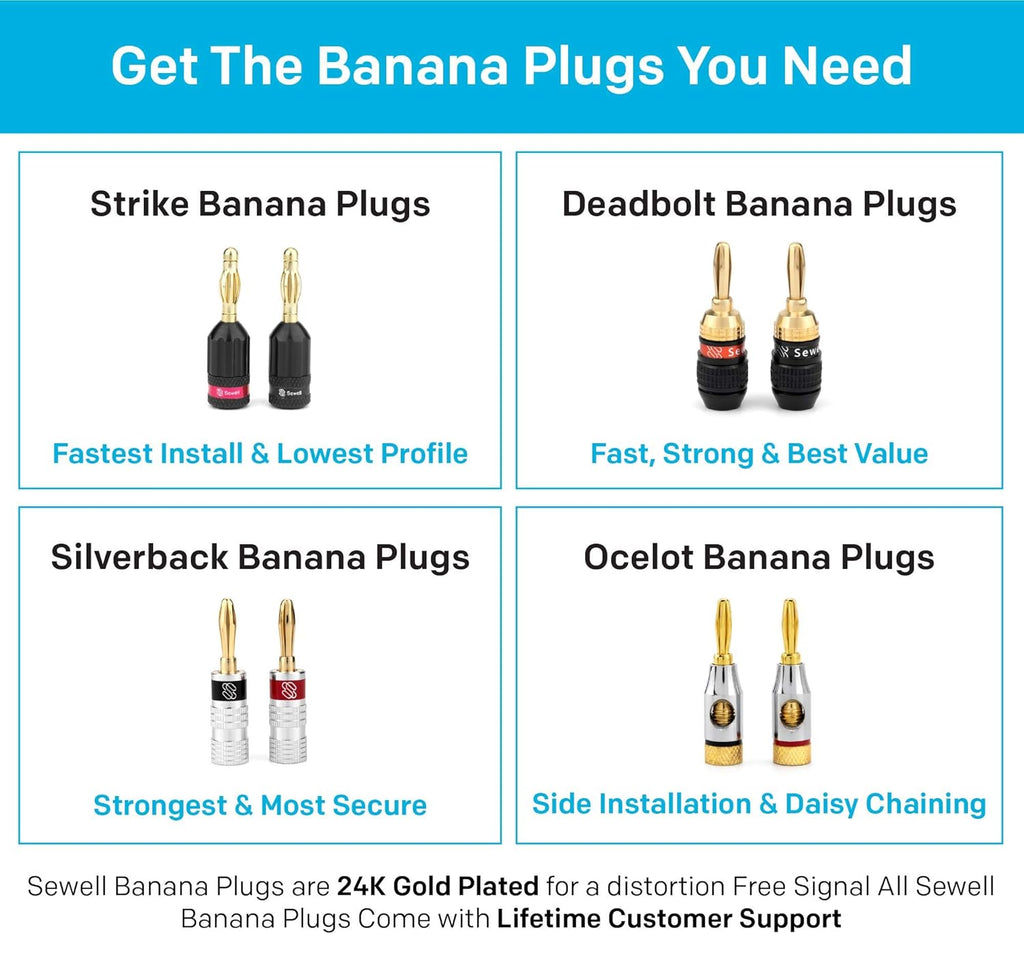 Deadbolt Banana Plugs 6-Pairs by , Gold Plated Speaker Plugs, Quick Connect, SW-29863-6