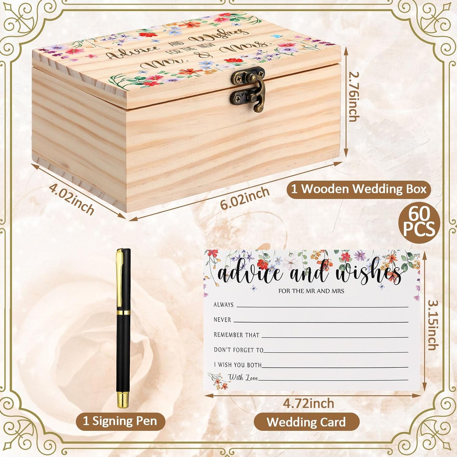 60 Pcs Bridal Shower Wedding Decorations Wooden Advice and Wishes Cards Box for Bridal Shower Party Favors Graduation Wish Cards Card Box(Wildflower)