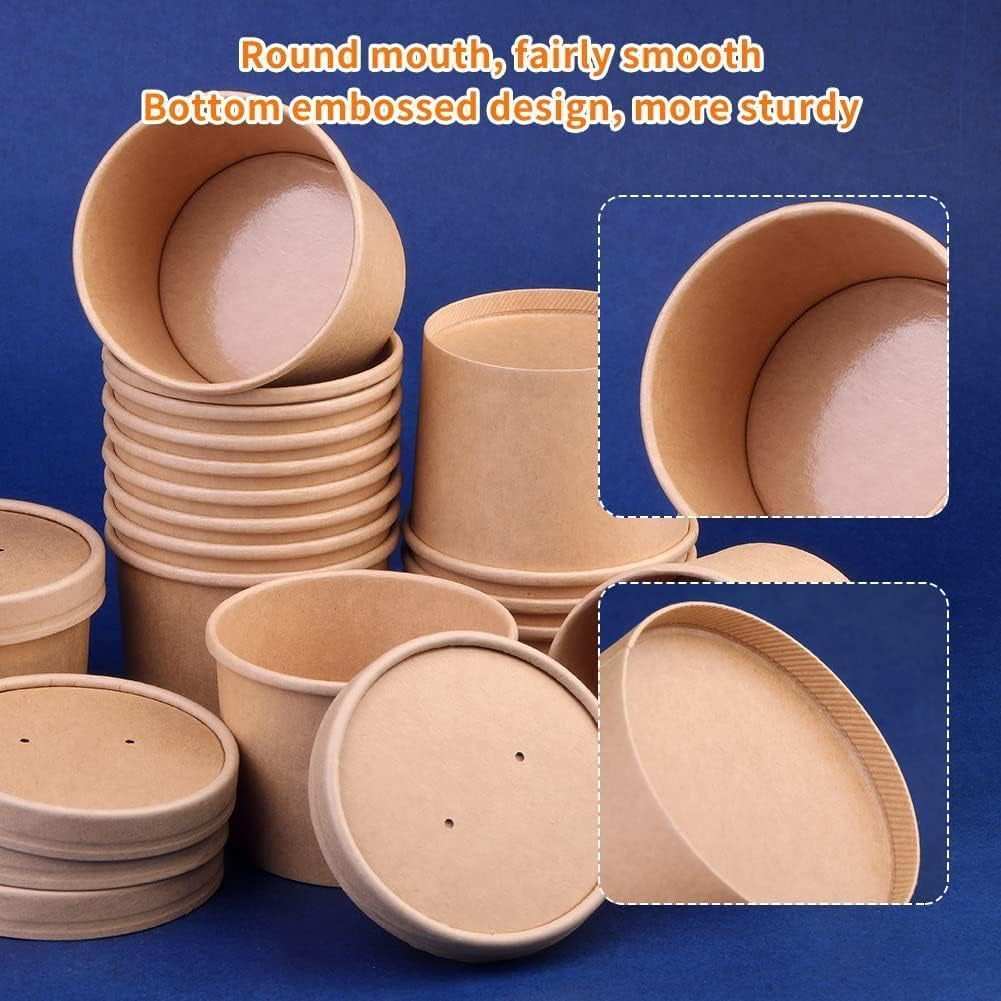 50 Pack 12 Oz Paper Soup Cups with Lids, Disposable Kraft Paper Bowls, to Go Soup Containers, Ice Cream Containers for Dessert Yogurt Ice Cream
