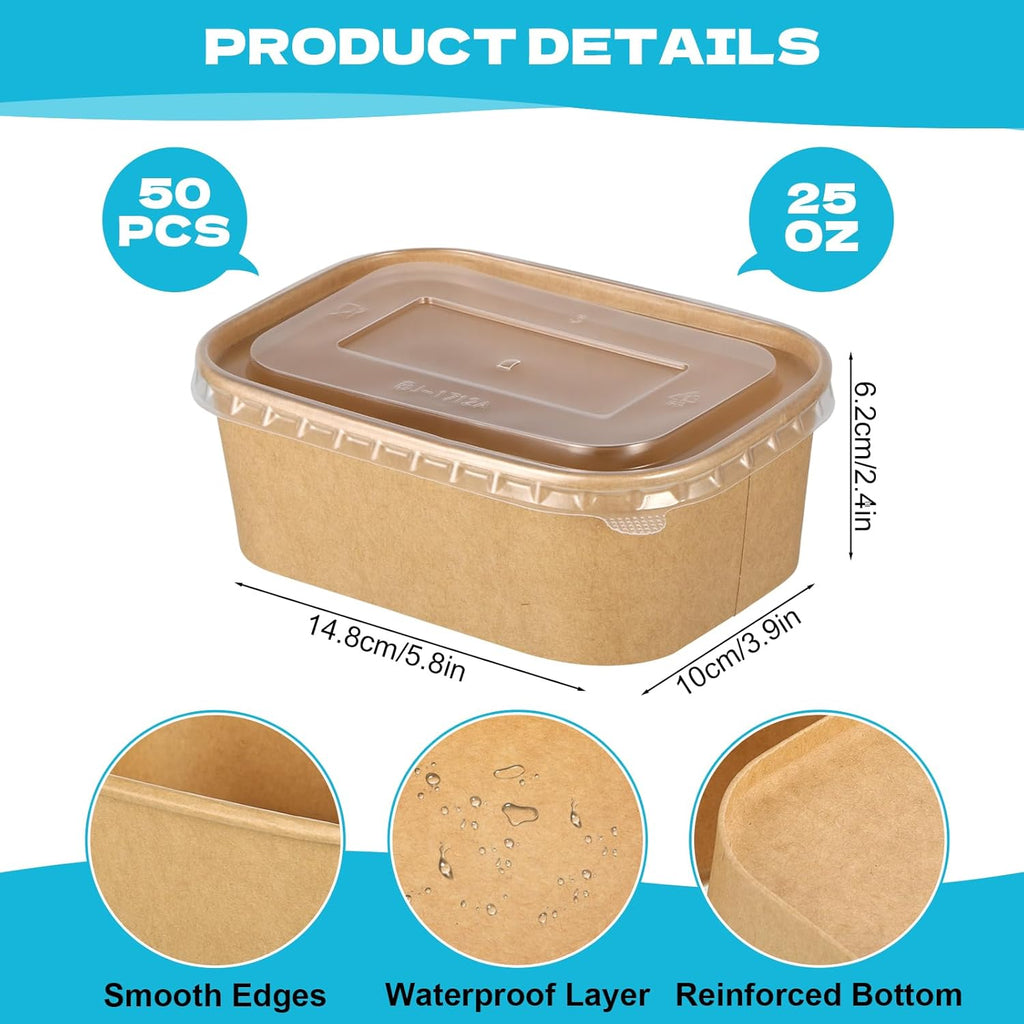 50 Pack 25Oz Disposable Kraft Paper Bowls with Lids, Rectangle Meal Prep Containers Bulk, Large Paper Salad Bowl, Leakproof Food Containers Treat Soup Serving Bowls, Microwave Safe for Hot/Cold Food