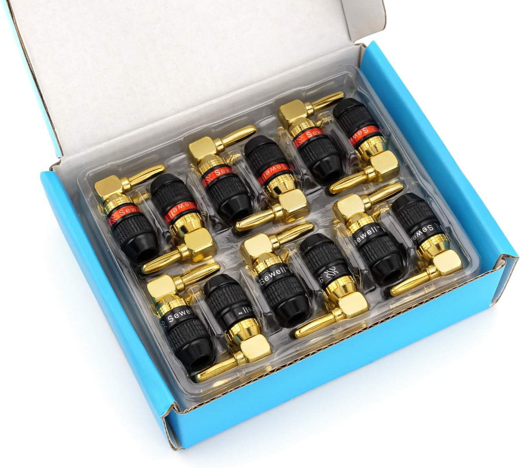 Deadbolt Right-Angle Banana Plugs, 12 Pairs Quick Connect Gold Plated Speaker Plugs 90 Degree