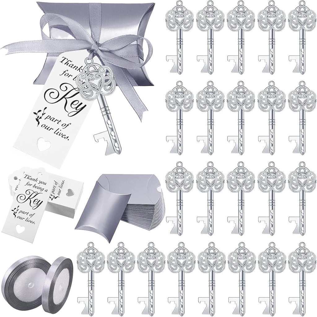 100 Sets Vintage Key Bottle Opener Wedding Favors, Wedding Party Souvenir Gift for Guests with Thank You Tag Card Pillow Candy Box and Satin Ribbon (Silver)