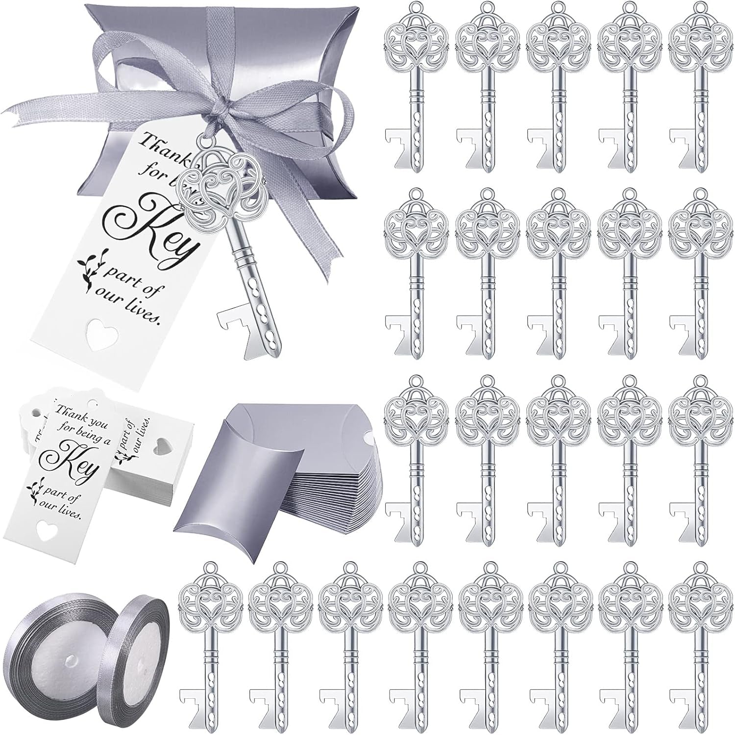 100 Sets Vintage Key Bottle Opener Wedding Favors, Wedding Party Souvenir Gift for Guests with Thank You Tag Card Pillow Candy Box and Satin Ribbon (Silver)