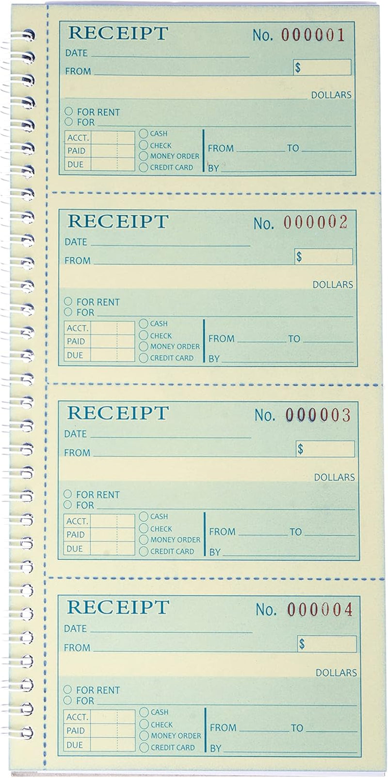 Receipt Book with Carbon Copies,Money and Rent Receipt Book,2-Part Carbonless,5.31" X 11.22",Spiral Bound,200 Sets per Book,4 Receipts per Page.