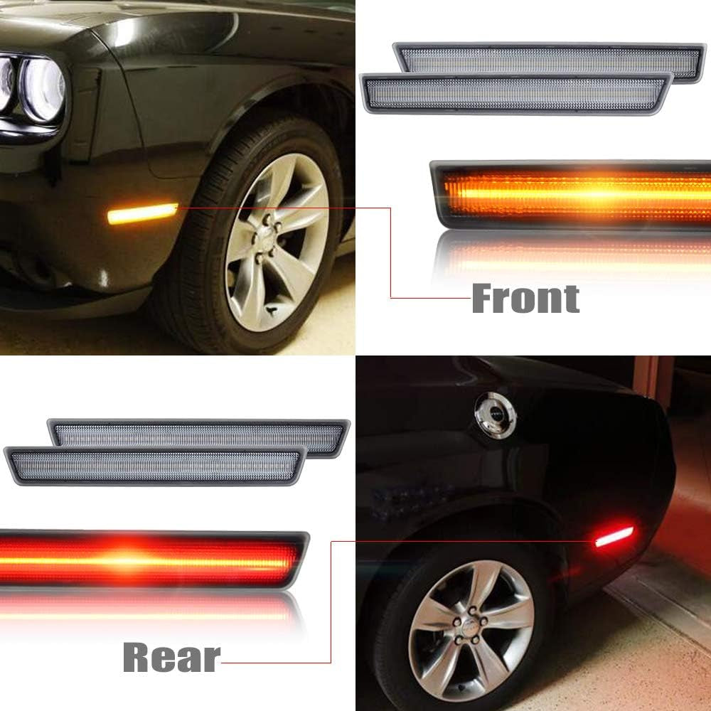 Clear Lens Amber/Red Front Rear Challenger LED Side Marker Light Kits for D0Dge Challenger 2015 2016 2017 2018 2019 2020 2021 LED Turn Signal Driver and Passenger Sidemarker Lamps Replacement