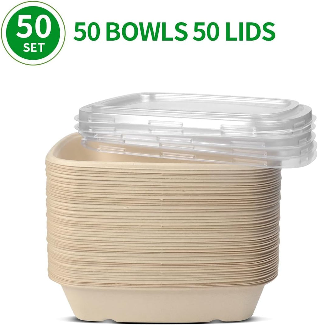 50 Pack 32 Oz Paper Meal Prep Bowls with Lids for Salad, Pasta, Nacho, Burrito, Paper Meal Prep Container Take Out Food Container with Lid (50 Bowls 50 Lids)