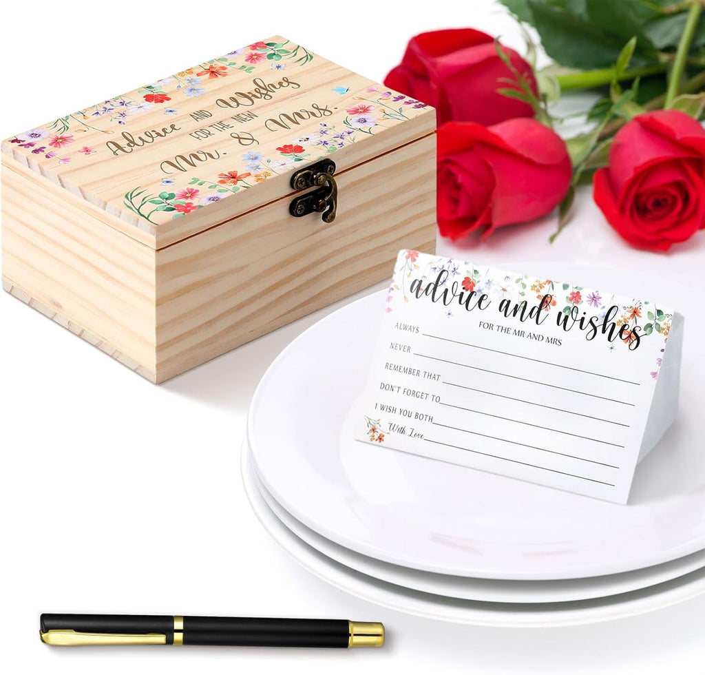 60 Pcs Bridal Shower Wedding Decorations Wooden Advice and Wishes Cards Box for Bridal Shower Party Favors Graduation Wish Cards Card Box(Wildflower)