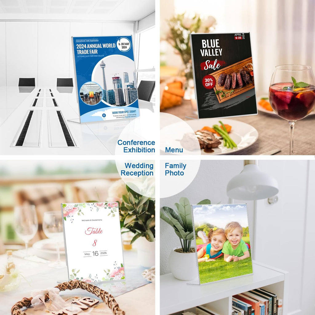 Acrylic Sign Holder 8.5 X 11 Table Display Stand – Vertical Clear Plastic Paper Sign Frame for Flyer, Menu, Document – Free Standing Desk Photo Holder for Office, Home, Store, School, 6Pack