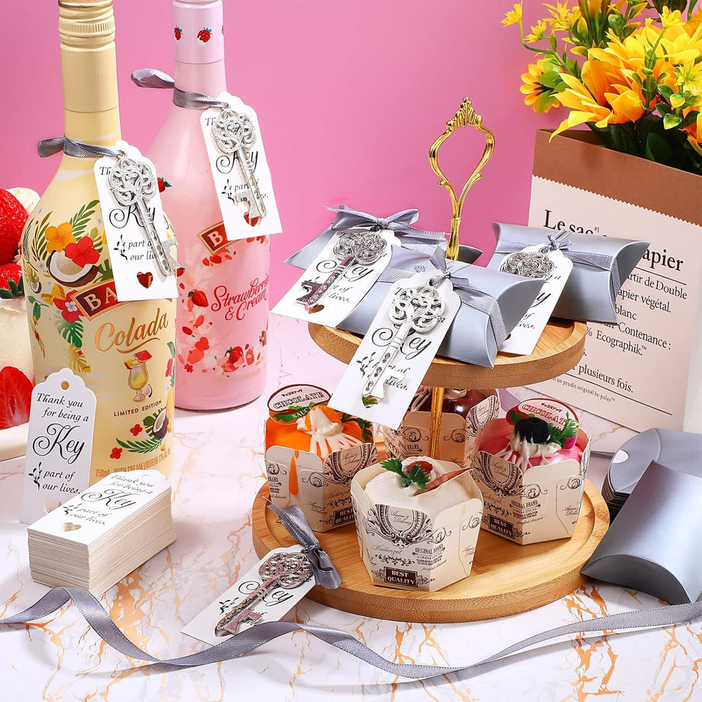 100 Sets Vintage Key Bottle Opener Wedding Favors, Wedding Party Souvenir Gift for Guests with Thank You Tag Card Pillow Candy Box and Satin Ribbon (Silver)