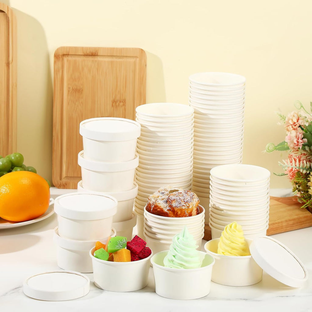 100 Pack Paper Soup Containers with Lids Disposable Paper Food Containers with Vented Lids Kraft Ice Cream Bowls Soup Cup Ice Cream Cups for Restaurants(4 Oz,White)