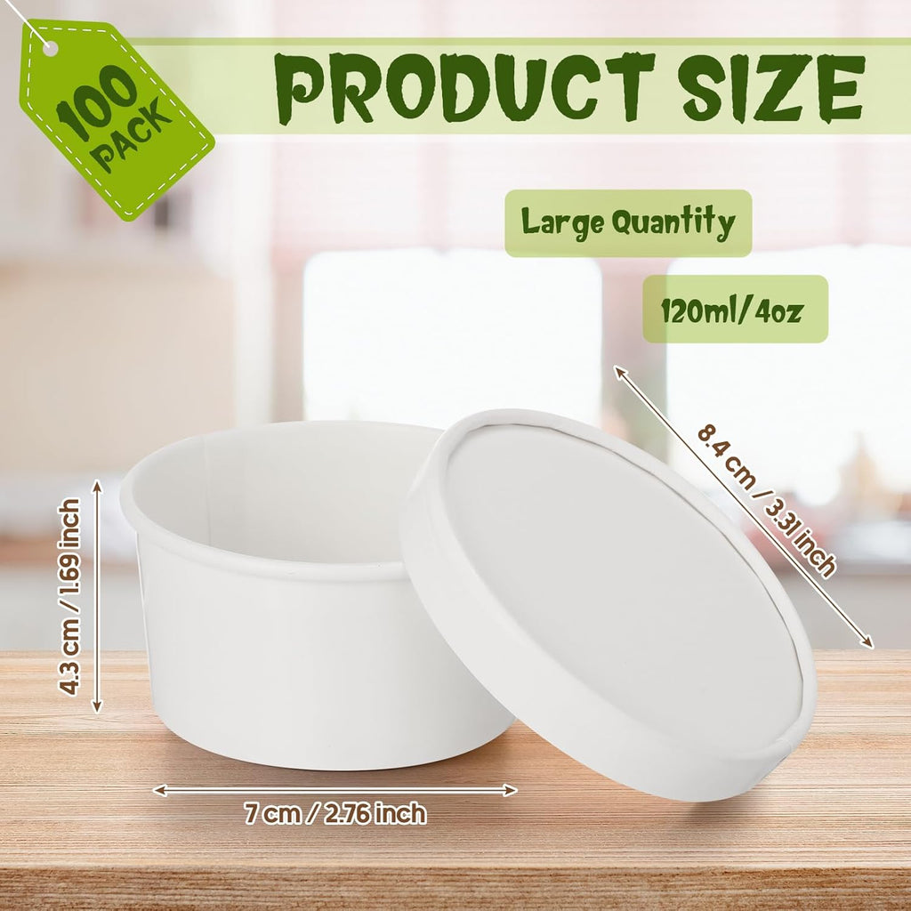 100 Pack Paper Soup Containers with Lids Disposable Paper Food Containers with Vented Lids Kraft Ice Cream Bowls Soup Cup Ice Cream Cups for Restaurants(4 Oz,White)