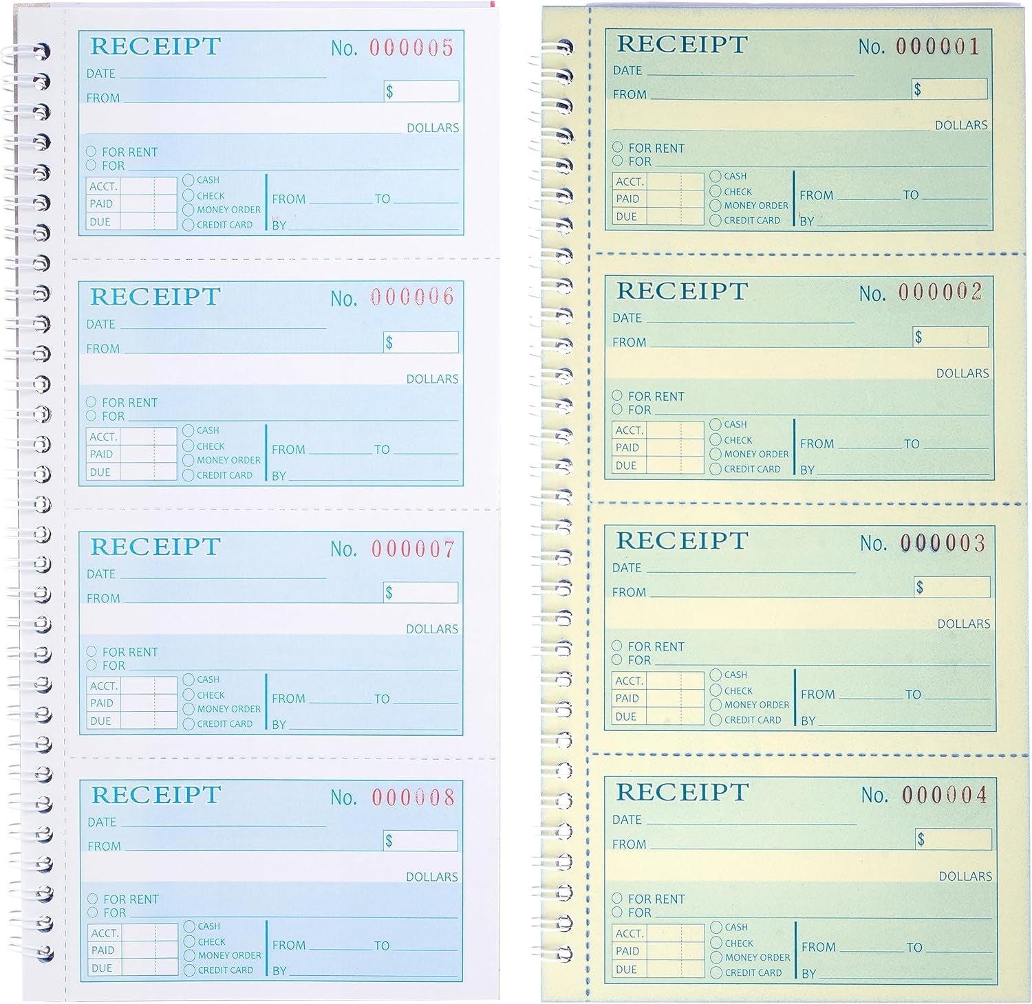 Receipt Book with Carbon Copies,Money and Rent Receipt Book,2-Part Carbonless,5.31" X 11.22",Spiral Bound,200 Sets per Book,4 Receipts per Page.