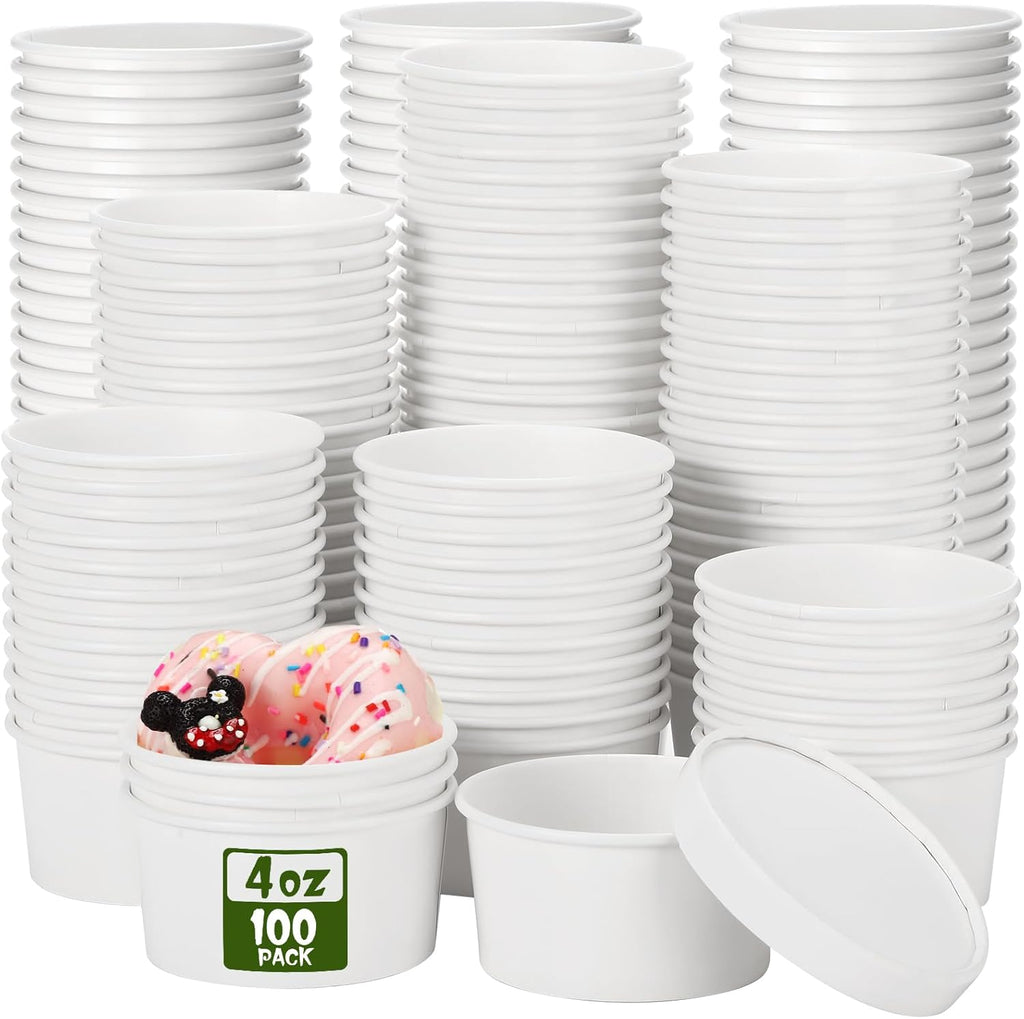 100 Pack Paper Soup Containers with Lids Disposable Paper Food Containers with Vented Lids Kraft Ice Cream Bowls Soup Cup Ice Cream Cups for Restaurants(4 Oz,White)
