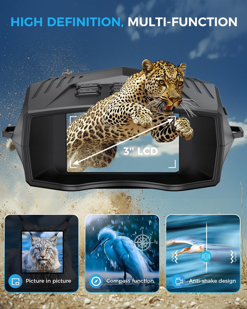 Night Vision Goggles - Night Vision Binoculars for Adults, 5000Mah Rechargeable Infrared Binoculars with 3'' Large Screen, 10X Digital Zoom External Flashlight for Camping