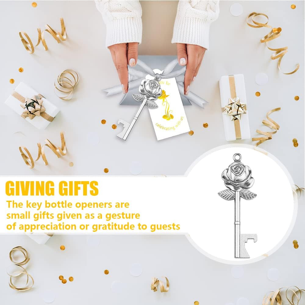 50 Set Rose Key Bottle Openers with Candy Box in Antique Vintage Style Thank You Tags and Ribbons as a Gift Souvenir for Guests at Wedding Party Supplies (Silvery)