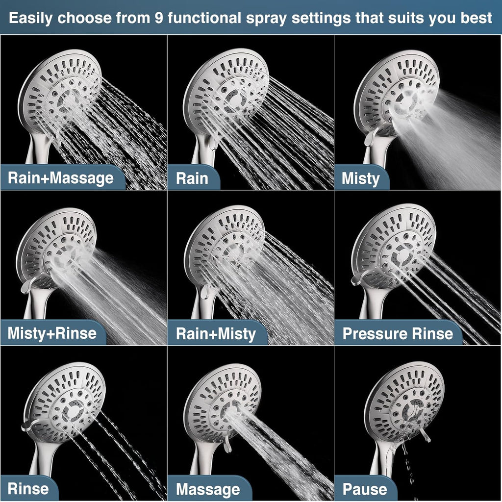9 Spray Settings Shower Head with Handheld High Pressure Brushed Nickel Hand Held Showerhead with 60 Inch Stainless Steel Hose and Adjustable Overhead Bracket