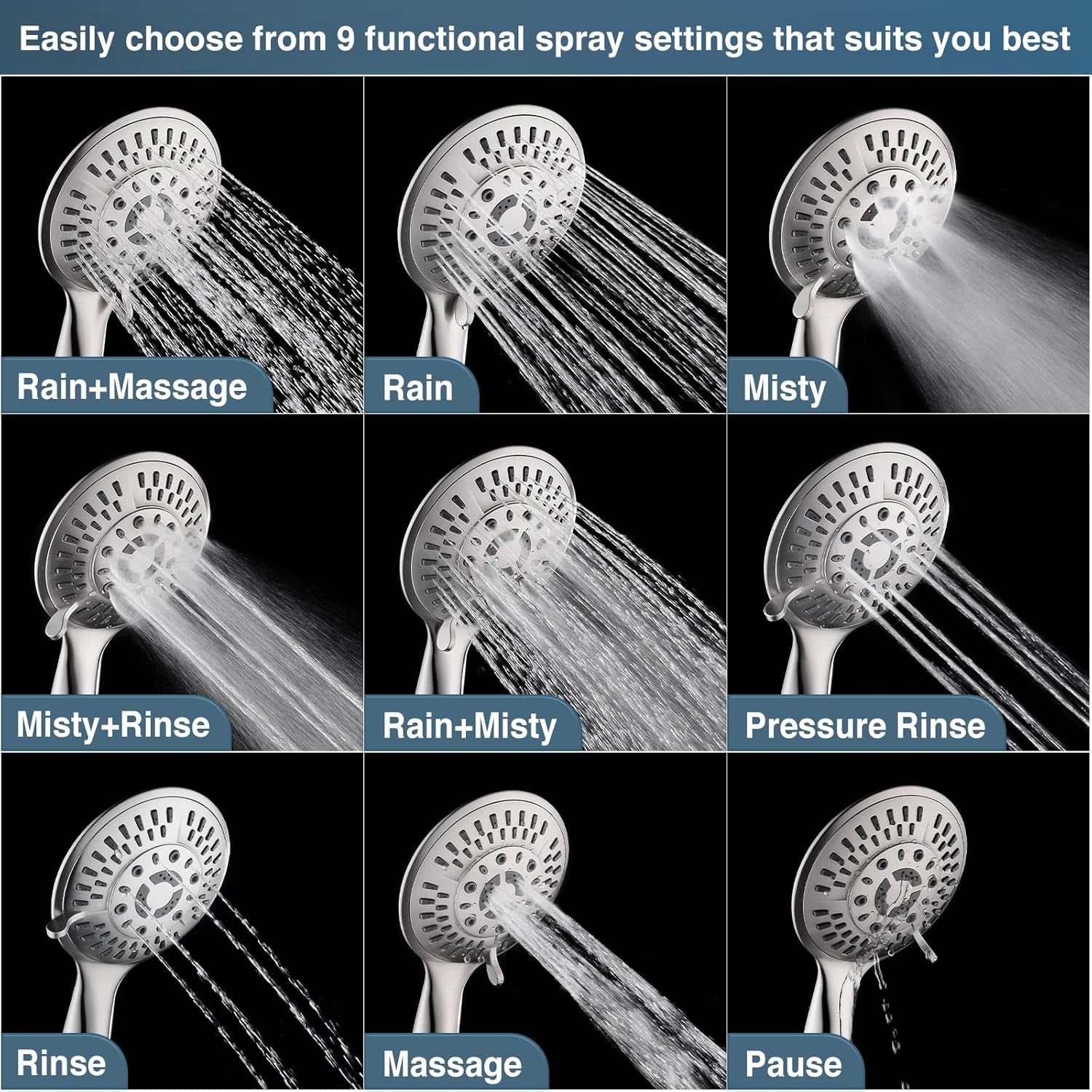 9 Spray Settings Shower Head with Handheld High Pressure Brushed Nickel Hand Held Showerhead with 60 Inch Stainless Steel Hose and Adjustable Overhead Bracket