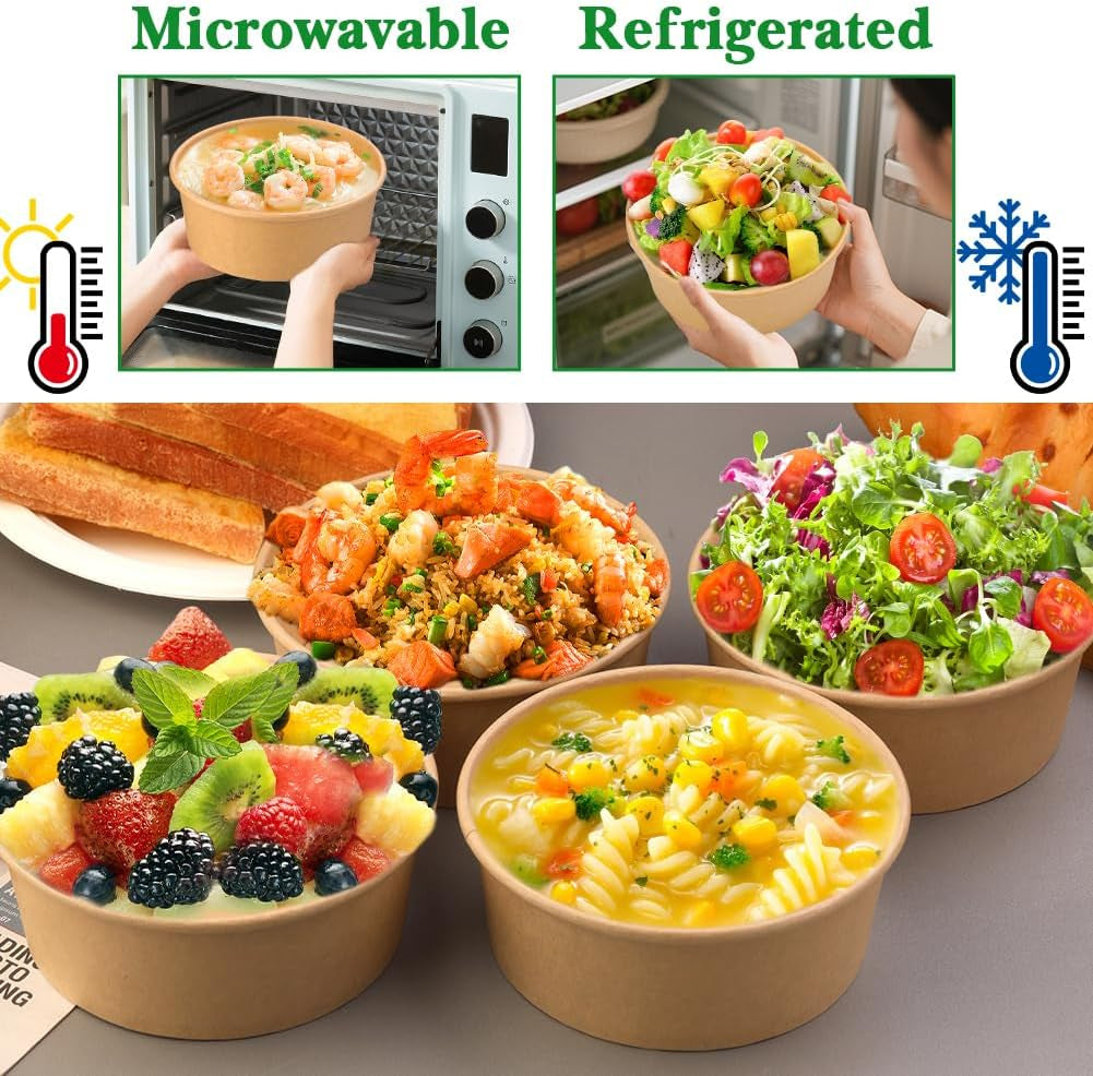 50 Pack 25 Oz Kraft Paper Bowls with Lid, Paper Salad Bowls, Disposable Food Container, to Go Food Container for Party, Salad, Soup, Ice Cream