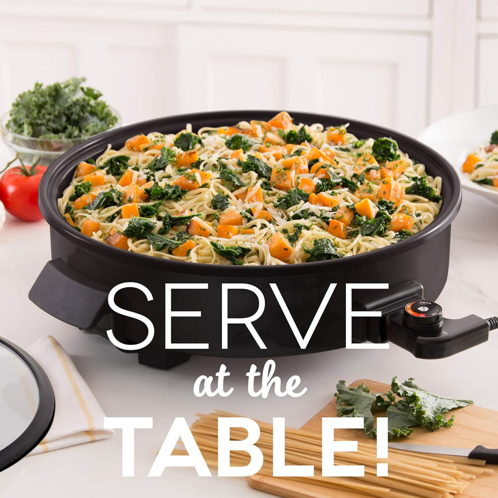 Family Size Electric Skillet with 14 Inch Nonstick Surface + Recipe Book for Pizza, Burgers, Cookies, Fajitas, Breakfast & More, 20 Cup Capacity, 1400-Watt - Black