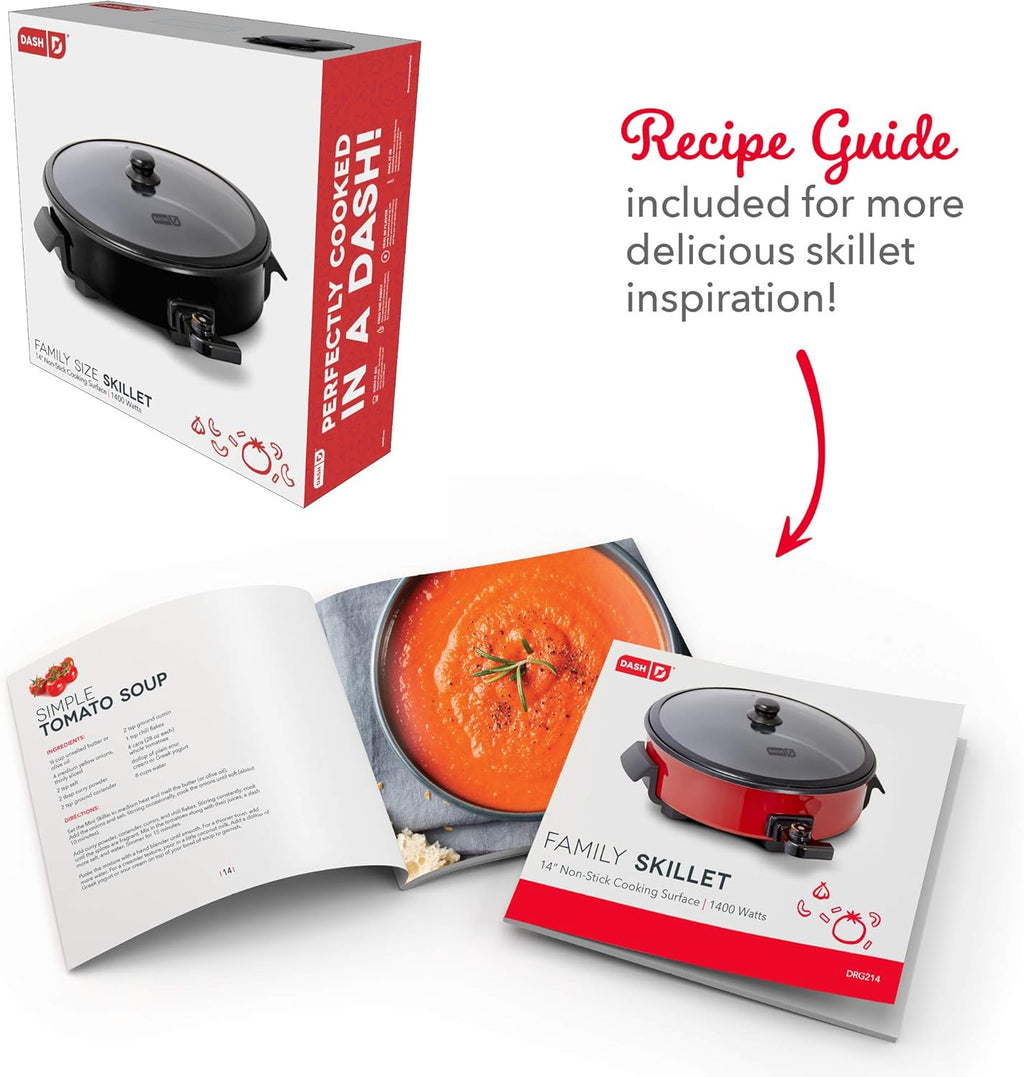 Family Size Electric Skillet with 14 Inch Nonstick Surface + Recipe Book for Pizza, Burgers, Cookies, Fajitas, Breakfast & More, 20 Cup Capacity, 1400-Watt - Black