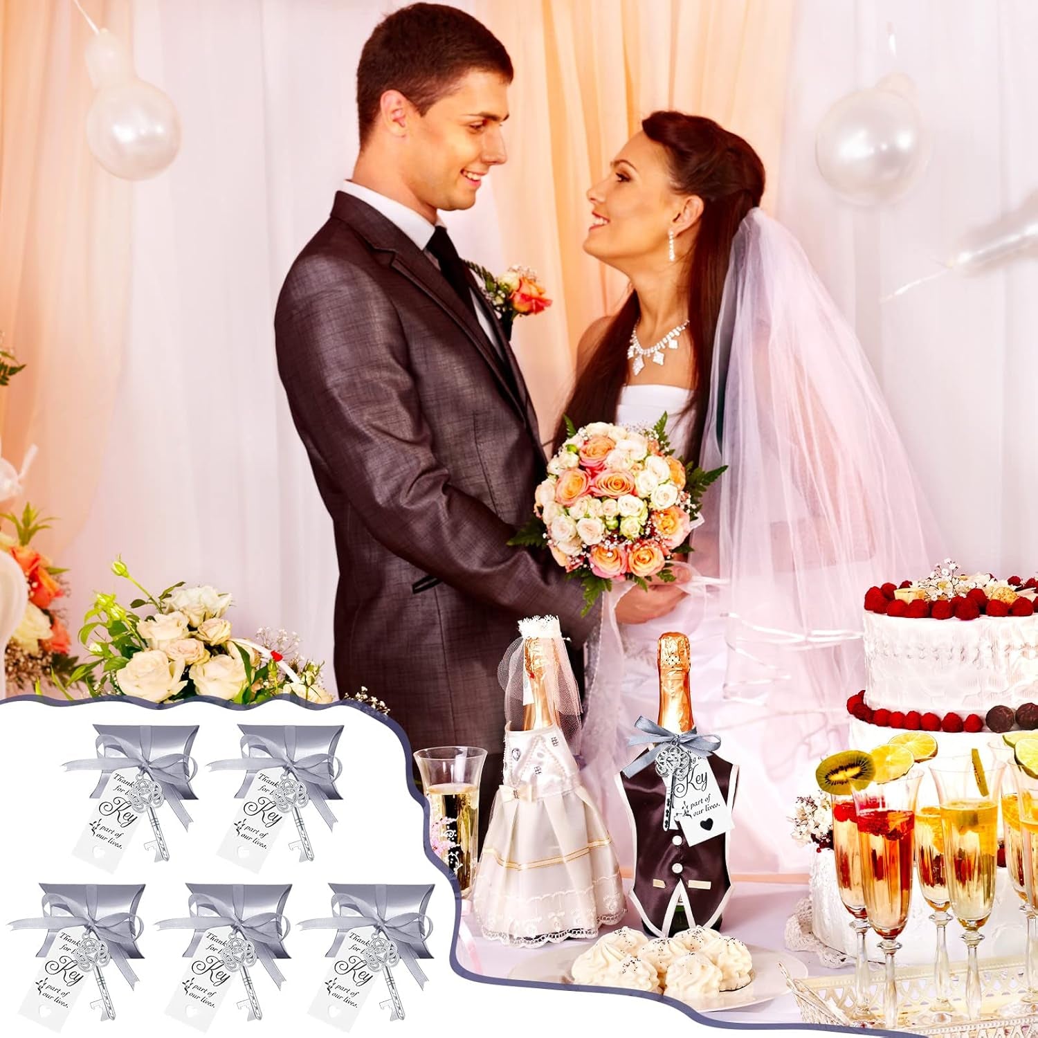100 Sets Vintage Key Bottle Opener Wedding Favors, Wedding Party Souvenir Gift for Guests with Thank You Tag Card Pillow Candy Box and Satin Ribbon (Silver)