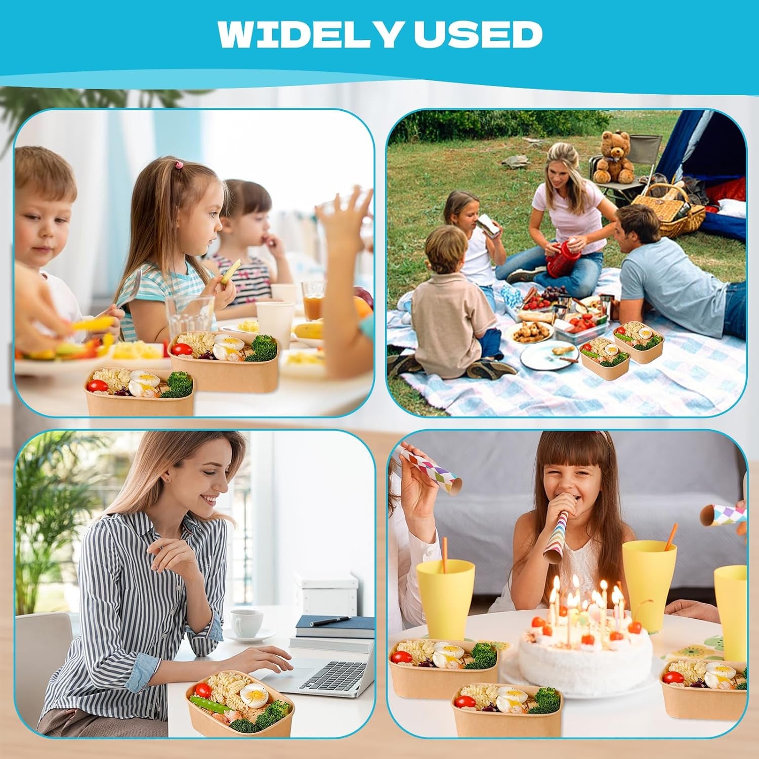 50 Pack 25Oz Disposable Kraft Paper Bowls with Lids, Rectangle Meal Prep Containers Bulk, Large Paper Salad Bowl, Leakproof Food Containers Treat Soup Serving Bowls, Microwave Safe for Hot/Cold Food