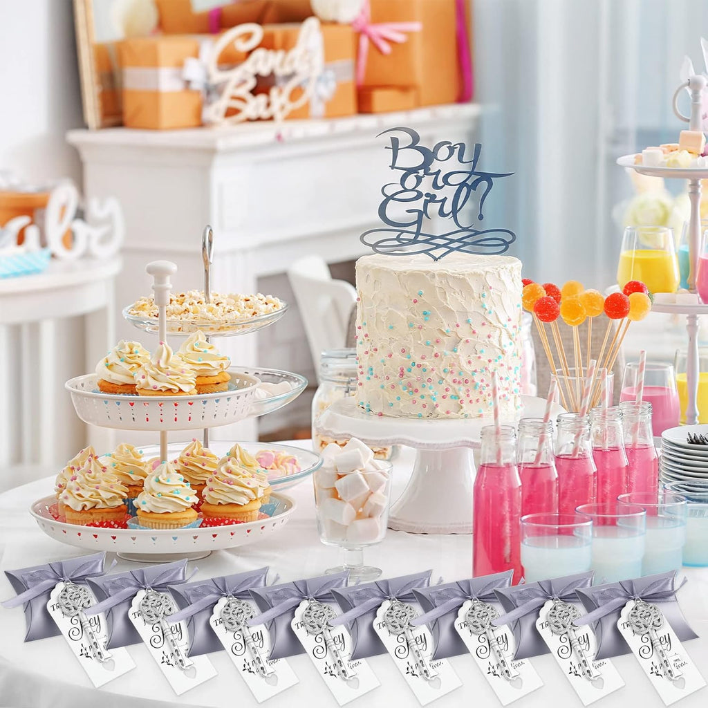 100 Sets Vintage Key Bottle Opener Wedding Favors, Wedding Party Souvenir Gift for Guests with Thank You Tag Card Pillow Candy Box and Satin Ribbon (Silver)