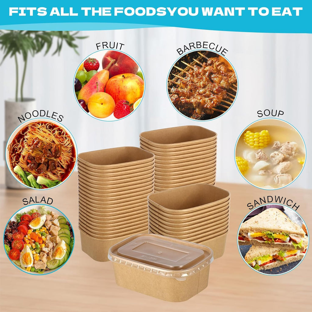 50 Pack 25Oz Disposable Kraft Paper Bowls with Lids, Rectangle Meal Prep Containers Bulk, Large Paper Salad Bowl, Leakproof Food Containers Treat Soup Serving Bowls, Microwave Safe for Hot/Cold Food