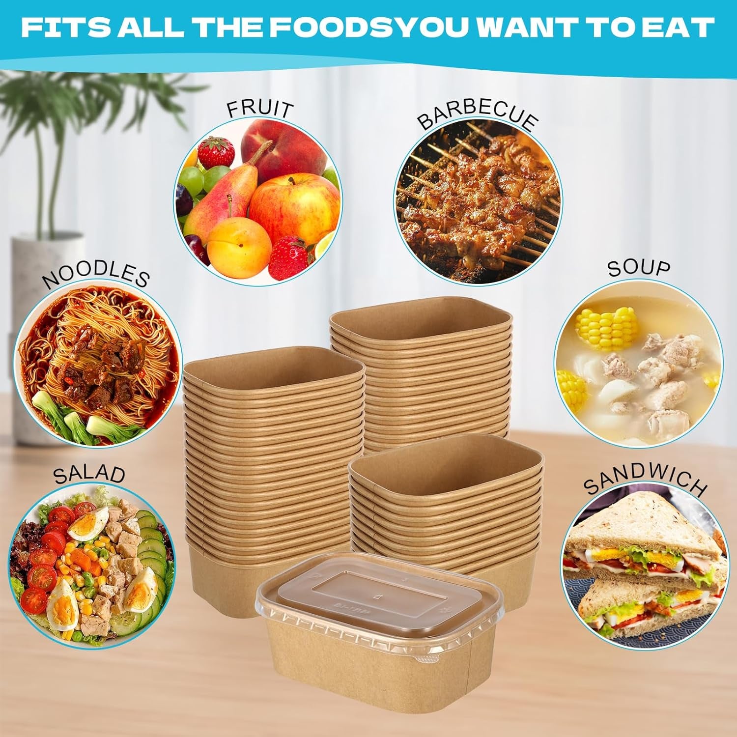 50 Pack 25Oz Disposable Kraft Paper Bowls with Lids, Rectangle Meal Prep Containers Bulk, Large Paper Salad Bowl, Leakproof Food Containers Treat Soup Serving Bowls, Microwave Safe for Hot/Cold Food